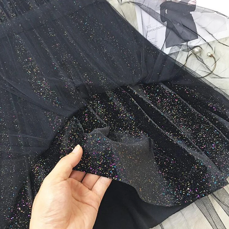 Sequin Velvet Tulle Skirts Women 2018 Autumn Winter Long Korean Elegant High Waist Pleated A-line Blue School Skirt Female | Женская