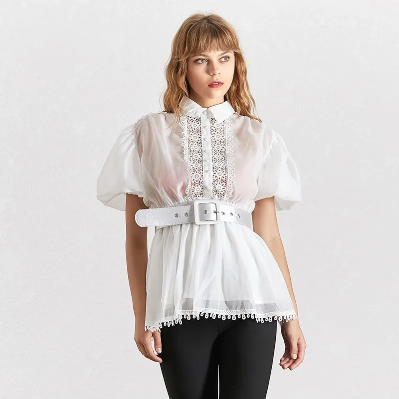 White TWOTWINSTYLE Elegant Embroidery Patchwork Women Blouse Lapel Collar Half Sleeve Tunic Chiffon Shirt Female Fashion Summer - Цвет: White
