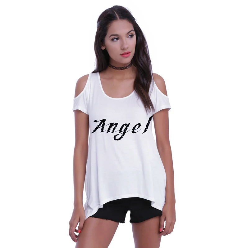 Женская футболка с открытыми плечами и принтом крыльев Ангела|fashion women t shirt|womens