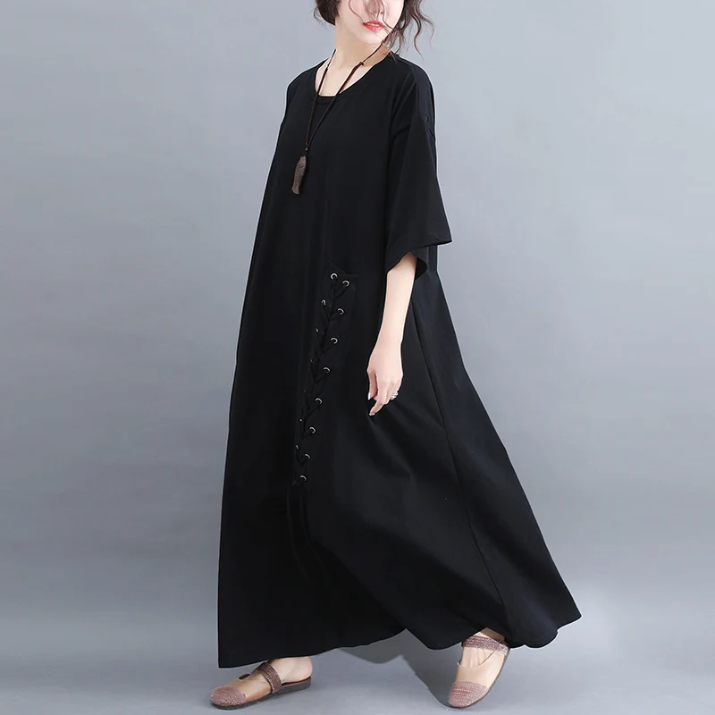Черное серое хлопковое винтажное платье размера плюс женское повседневное