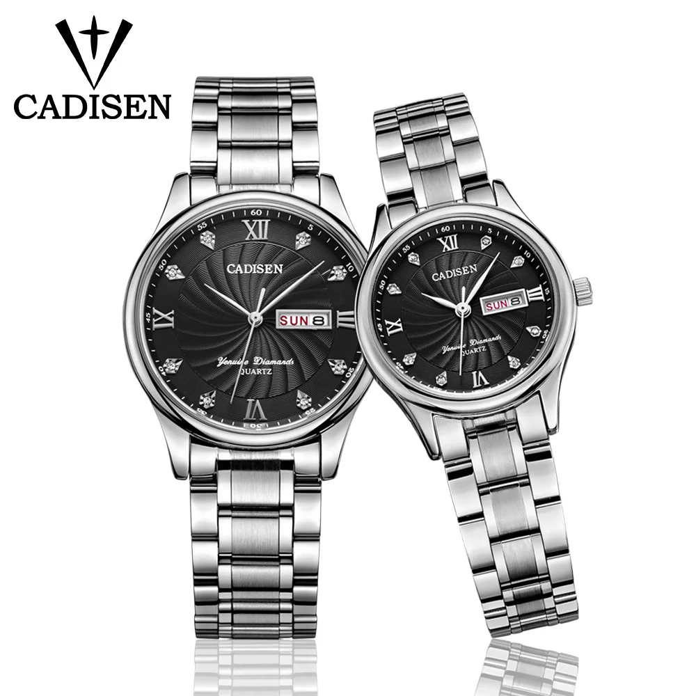 black CADISEN, часы для влюбленных, кварцевые, для мужчин и женщин, модные, бизнес, нержавеющая сталь, ремешок, парные часы, водонепроницаемый набор, наручные часы Valentine - Цвет: black