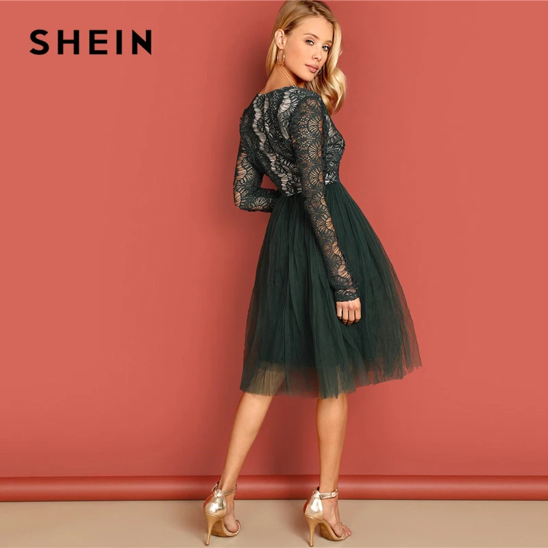 SHEIN Нарядное Платье С Кружевной Вставкой И Глубоким Вырезом, Ажурное Платье С Длинным Рукавом