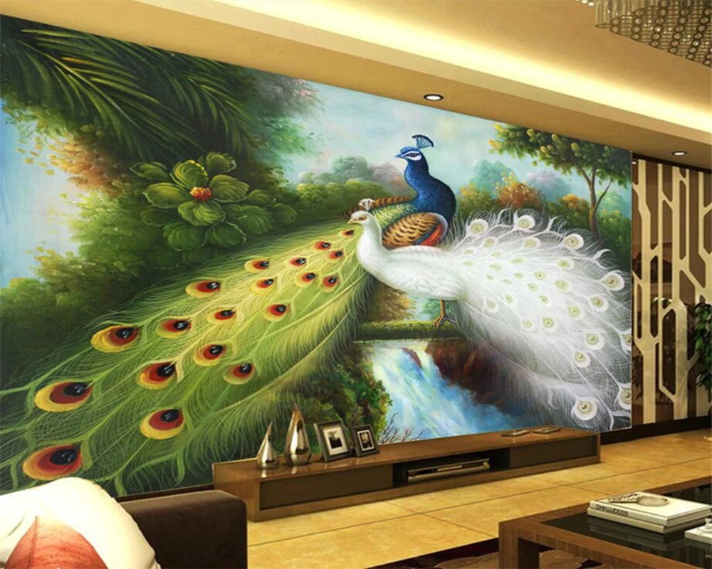 

Обои Beibehang на заказ для гостиной, спальни, Настенные обои ручной работы с изображением павлина, фона для телевизора, настенные 3d обои
