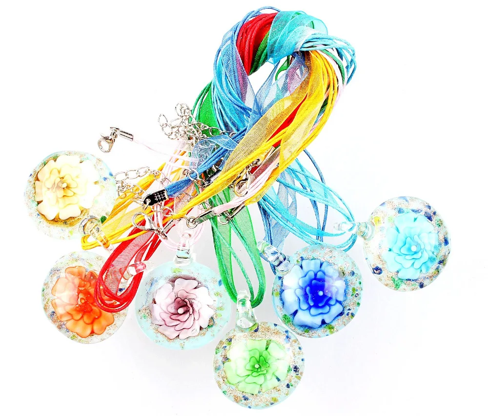 

Hot Sell Wholesale Bulk 6pcs Murano Lampwork Glass Round Flower Pendant Silver P Beauty charm Necklaces For women's Gift