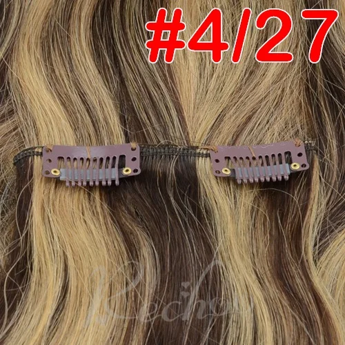 # P4/27 Rechoo#8 светильник коричневый бразильский машина сделала Реми, прямые, на клипсах, человеческие накладные пряди на клипсах для наращивания на заколках, 7 шт./компл. 90 г Комплект на всю голову - Цвет: # P4/27