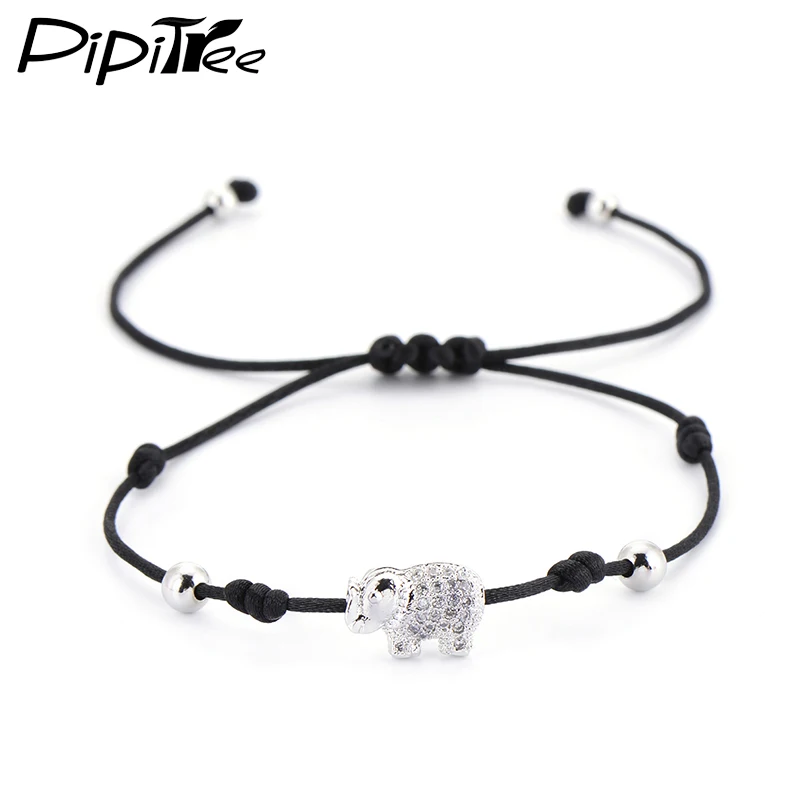 elephant black rope Красные струнные очаровательные хрустальные браслеты со слоном и браслеты для женщин, девочек, детей, простые круглые бусы, плетёный браслет макраме, ювелирные изделия - Окраска металла: elephant black rope