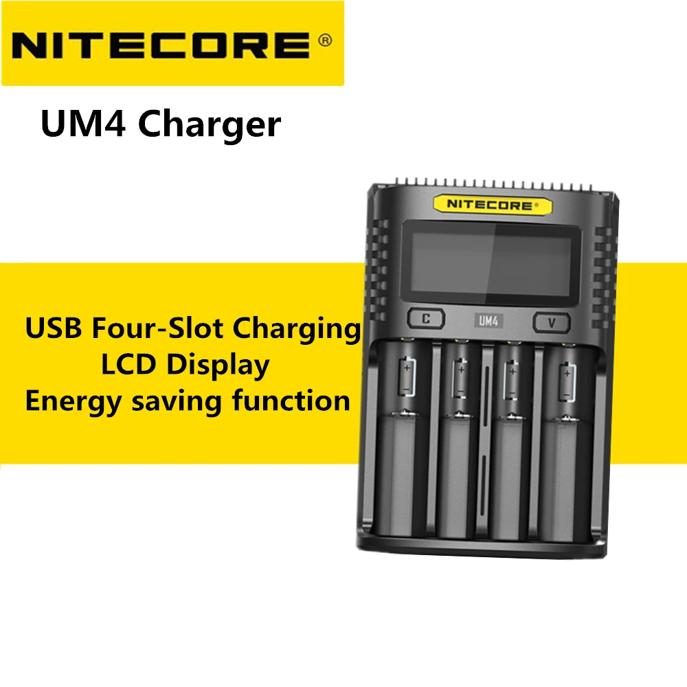 NITECORE UM4 Intelligent USB 4 Slot Charger LCD Display Multiple Input Sources Available for Li-ion/IMR/INR/ICR/LiFePO4 battery |