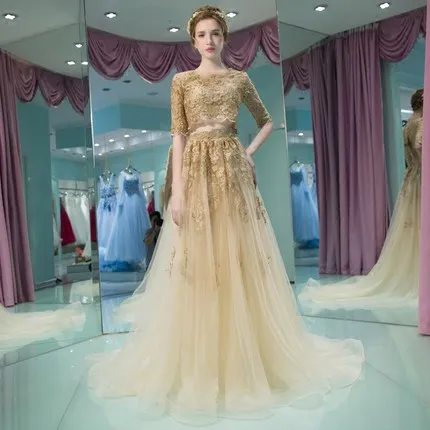 Vestido de Festa 2016 Elegant O neck Gold Two Pieces Appliques Lace Evening Dress Pageant Gown Long Party robe soiree | Свадьбы и