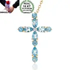 Ожерелье OMHXZJ из желтого золота 18 карат с кулоном в европейском стиле для вечерние и девушек, подарок на свадьбу, крест, Морской голубой топаз, NA173