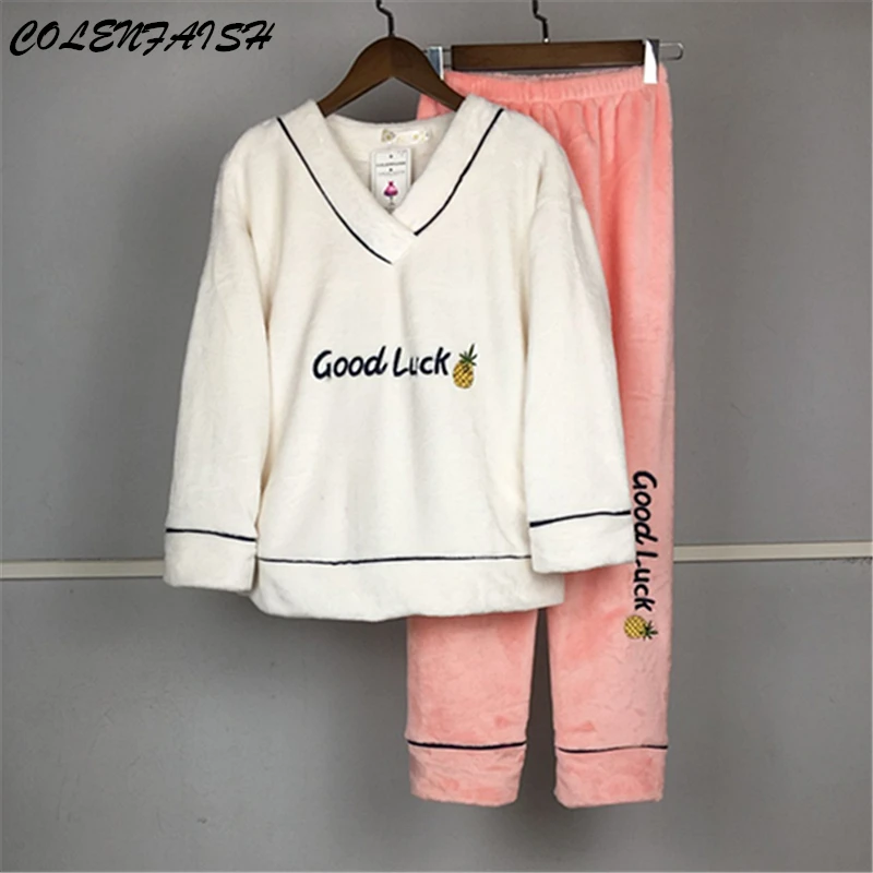 Зимние толстые Для женщин пижамные комплекты фланелевая теплая из 2 предметов