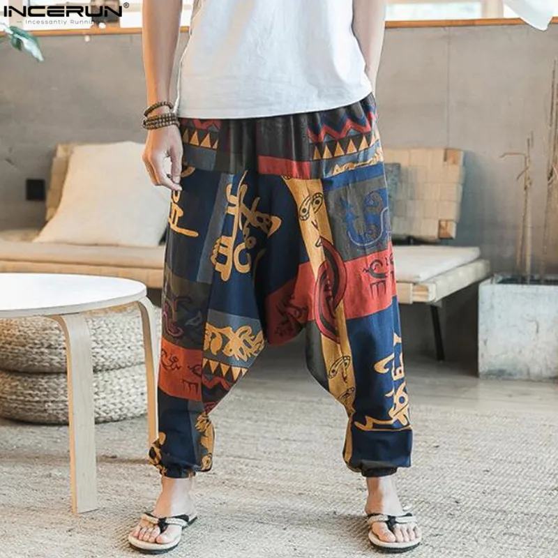 

Retro Chinese Men Drop-crotch Pants Wide Leg Harem Trousers Linen Elastic Waist Loose Printed Casual Male Pants INCERUN
