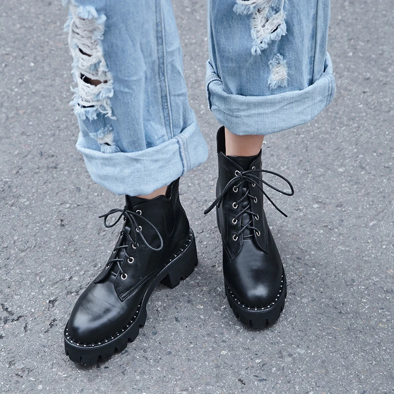 MNIXUAN high quality shoes women martin boots ankle boots winter new platform high heels lace up short boots big size 34-43