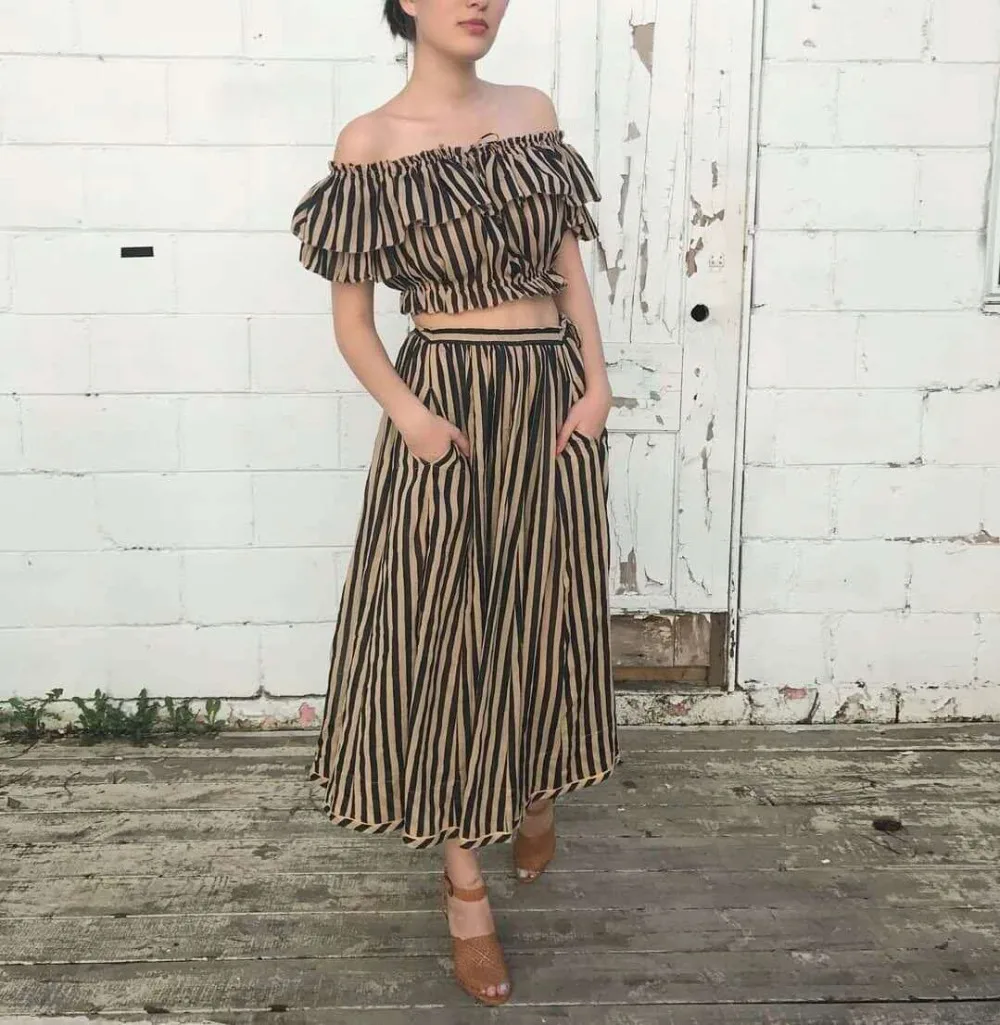 LILYPAUL Jaya Off-Shoulder Draw Top And Skirt Set Women Striped Print Jaya Ruffle Top And Draw Flare Skirt Set