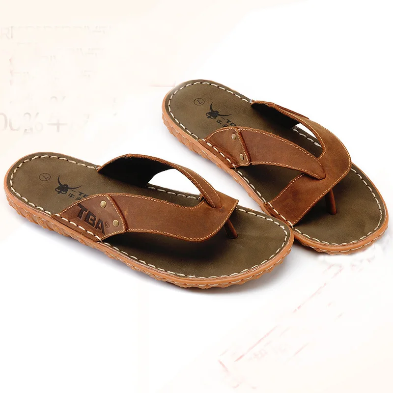 TBA Men's Summer Fashion Trend Genuine Leather Anti-skid Sandals &amp Flip Flops Male Outdoor Soft Bottom Lower Price Beach Shoes |