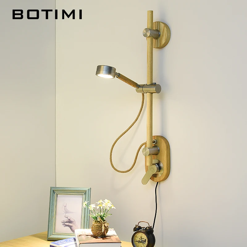 Светодиодный настенный светильник в форме душа с сенсорным выключателем BOTIMI в деревянном корпусе для спальни, домашнего декора, деревянного настенного бра