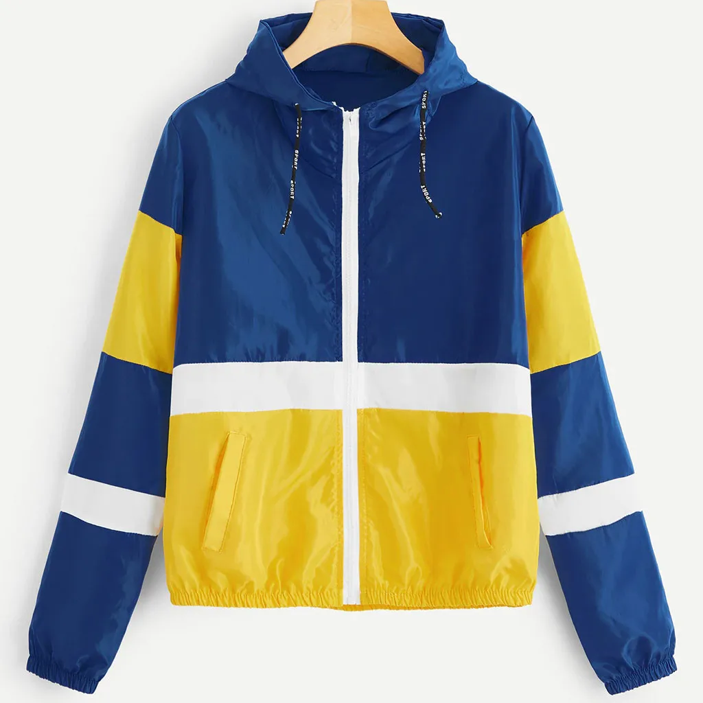 

2019 New Women's Casual Fashion Long Sleeve Patchwork Thin Hooded Zipper Pockets Sport Coat Z724