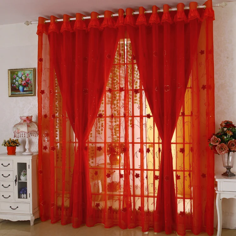 

Double Layer Custom Made cortinas Red Curtains embroidery gauze Living Room Joyous Wedding Eco-Friendly Tulle Curtains Rideaux