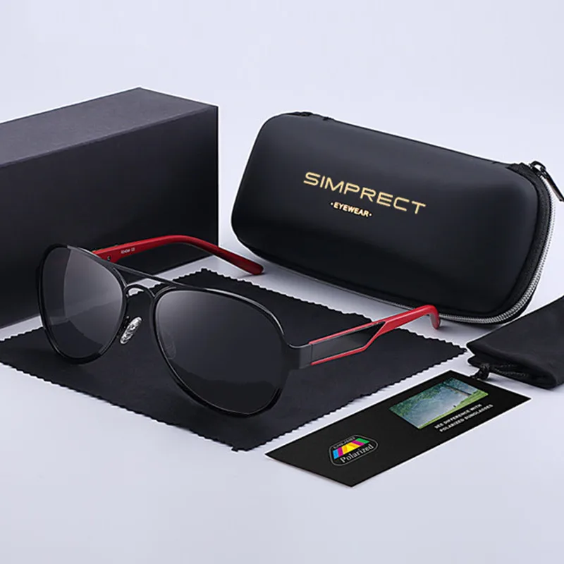 SIMPRECT, поляризационные солнцезащитные очки для пилота, для мужчин и женщин, UV400, высокое качество, для вождения, брендовые солнцезащитные очки, Ретро стиль, зеркальные металлические солнцезащитные очки - Цвет линз: black red