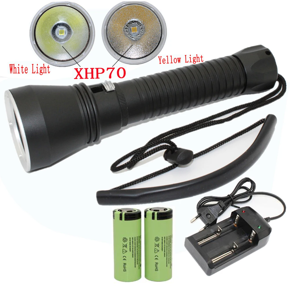 Linterna LED de buceo XHP70 XHP50, 4200 lúmenes, luz amarilla/blanca, lámpara táctica subacuática, resistente al agua