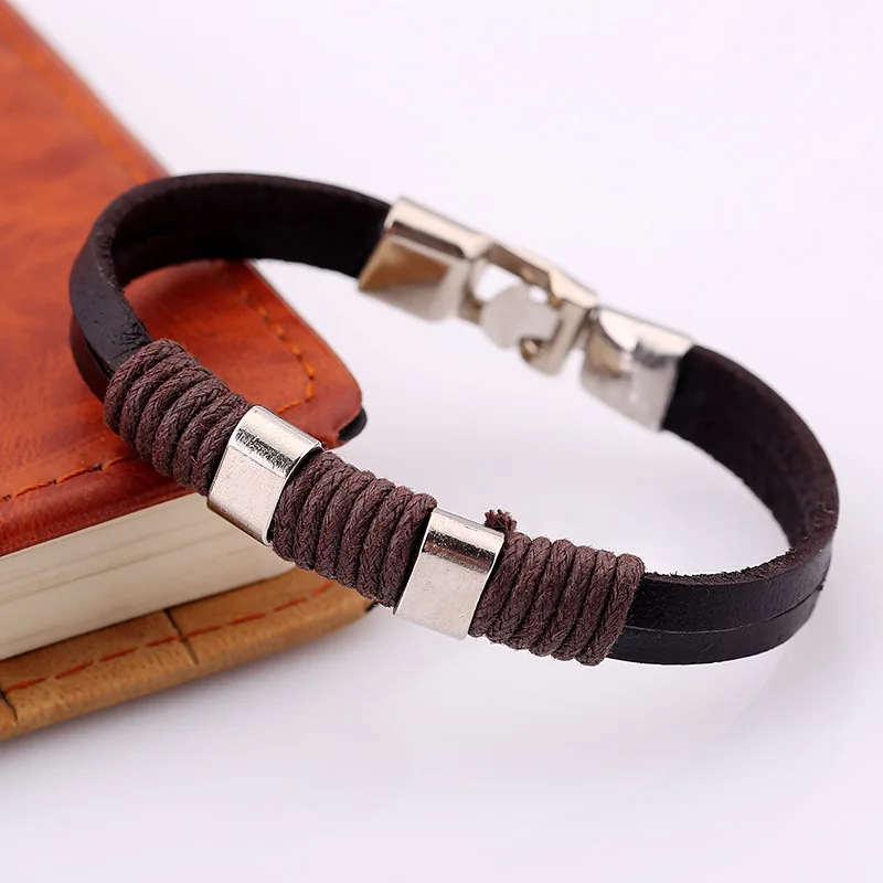 

JUJIE Black Leather Bracelets For Men 2016 Bracelets Stainless Steel For Women Happy Tube Leather Bangles Jewelry Wholesale