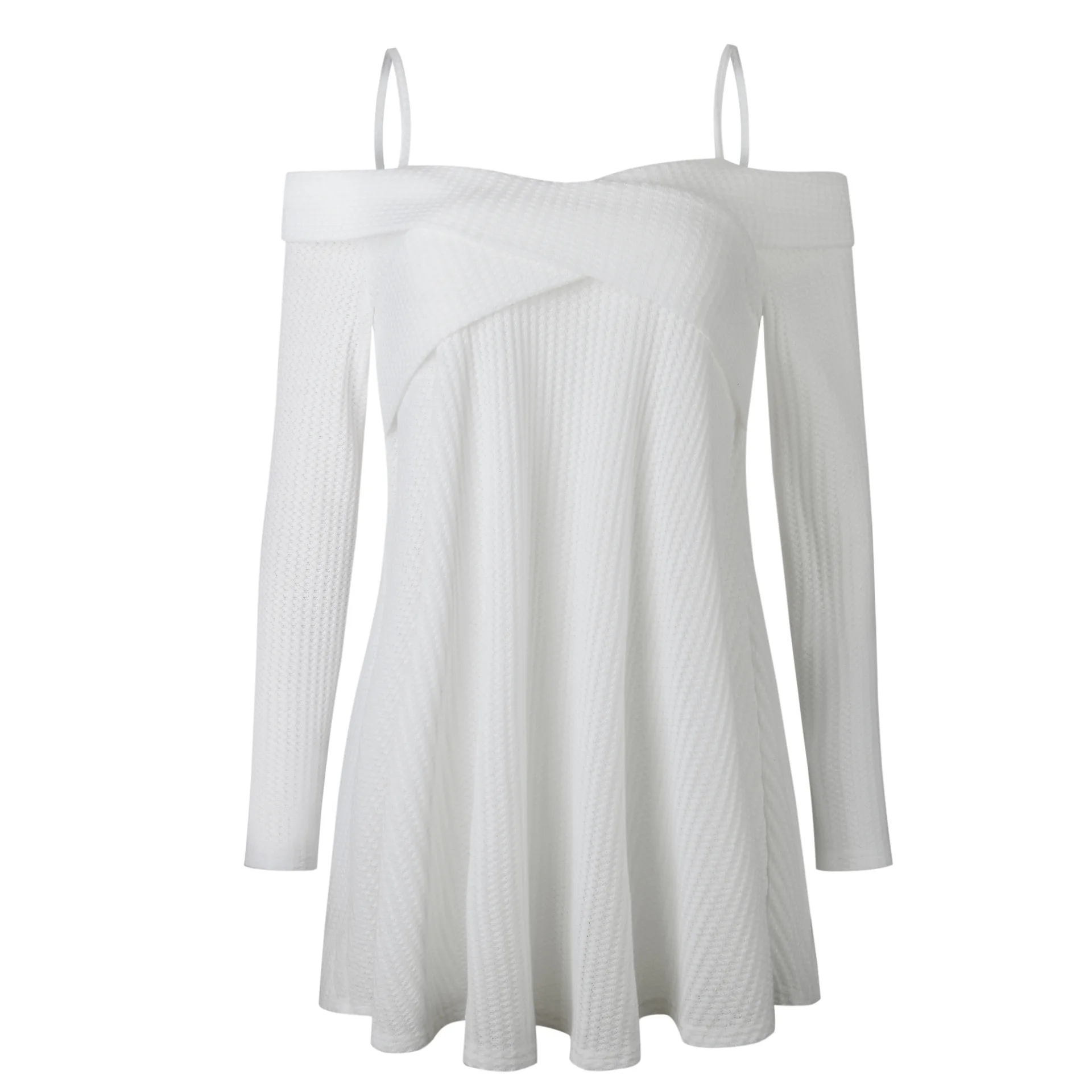 Sexy Cold Shoulder Criss Cross Tunic Sweater Casual Solid Spaghetti Strap Long Sleeve Pleated Pullover Jumpers Ladies Loose Tops | Женская