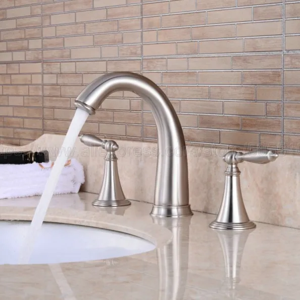 Матовый никель 3 отверстия двойная ручка кран для раковины ванны горячей и