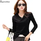 Женская футболка 2022, Весенняя рубашка с длинными рукавами и пуговицами, футболка из 100% бамбукового хлопка, корейский женский топ, Camiseta Feminina, черный цвет, G74