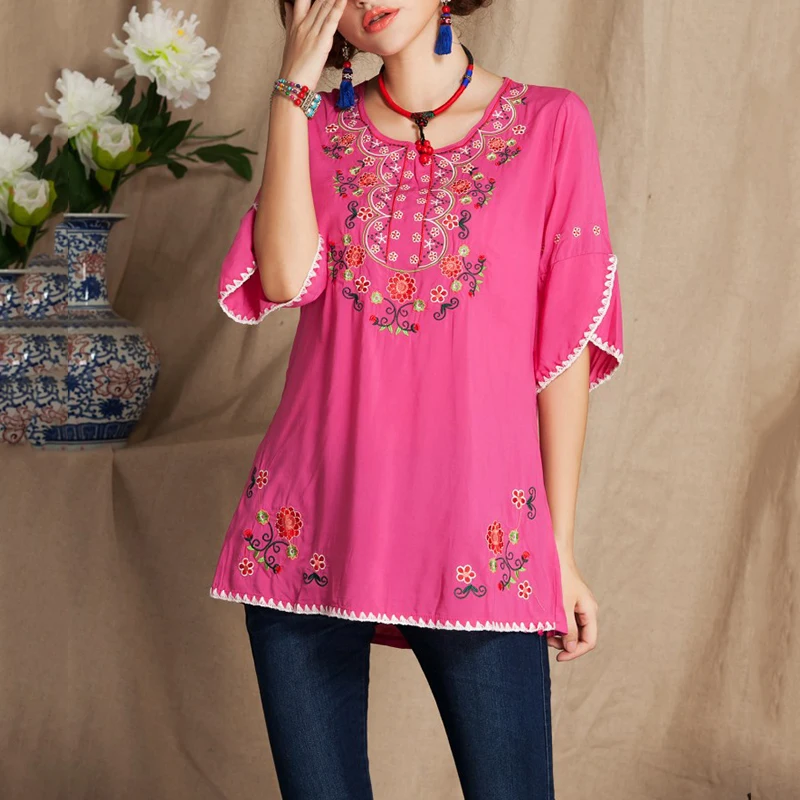 boho рубашки Для женщин модные блузки с короткими рукавами рубашка с цветочным узором Винтаж 70s мексиканская футболка в этническом стиле Готический вышитая блузка Для женщин