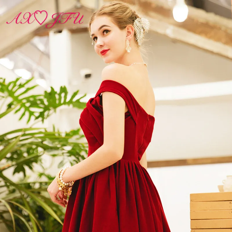

AXJFU princess sexy boat neck wine red velvet evening dress luxury party host wine red evening dress little red dress 566