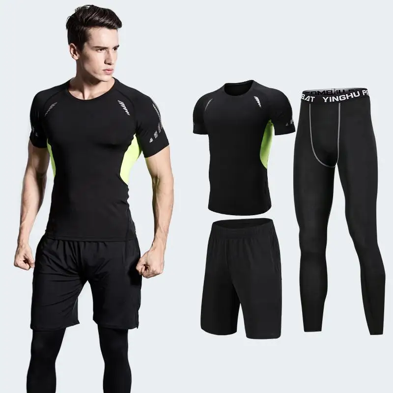 3pcs HL short set Мужские Компрессионные спортивные костюмы, трико для спортзала, тренировочная одежда, комплект для тренировок, бега, спортивный костюм для бега, сухая посадка размера плюс - Цвет: 3pcs HL short set