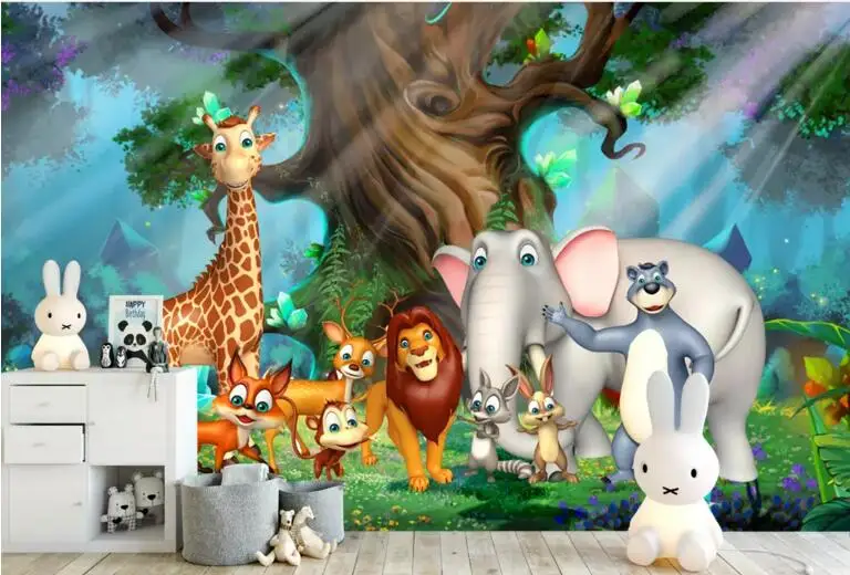 Пользовательские papier peint animaux мультфильм лес животное мир росписи для детской