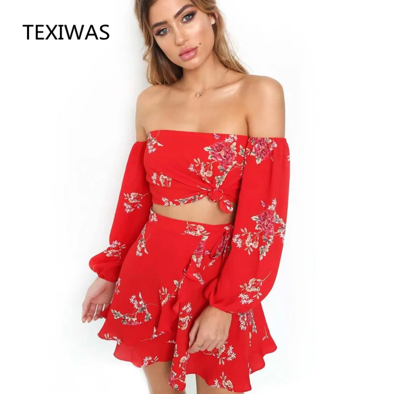 TEXIWAS New Tiered Frill Gingham Flower print Off Shoulder Top With Short skirt Summer Ruffle irregular belt Women 2 Piece Sets |