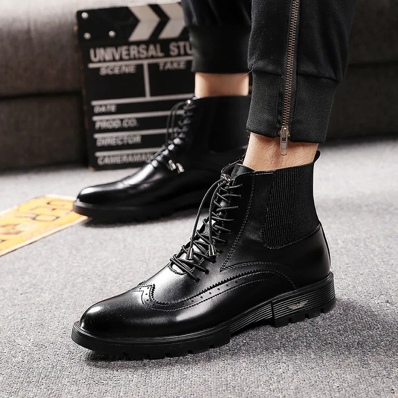 Мужские повседневные дышащие ботинки из коровьей кожи черные ботильоны челси