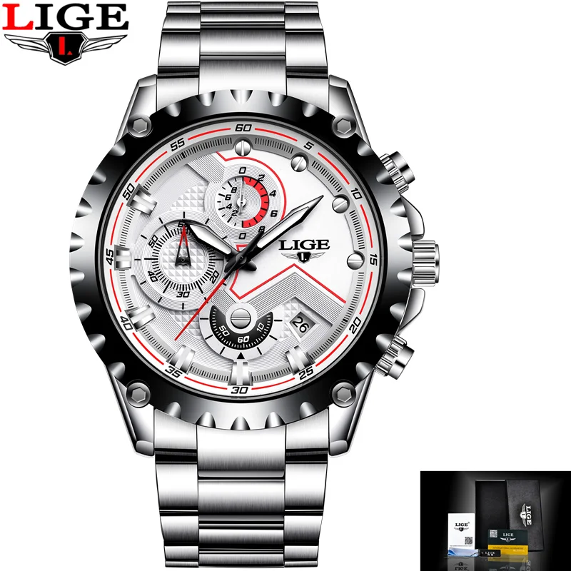 Steel white LIGE Брендовые мужские модные часы мужские спортивные водонепроницаемые кварцевые часы мужские полностью стальные военные часы наручные часы Relogio Masculino - Цвет: Steel white