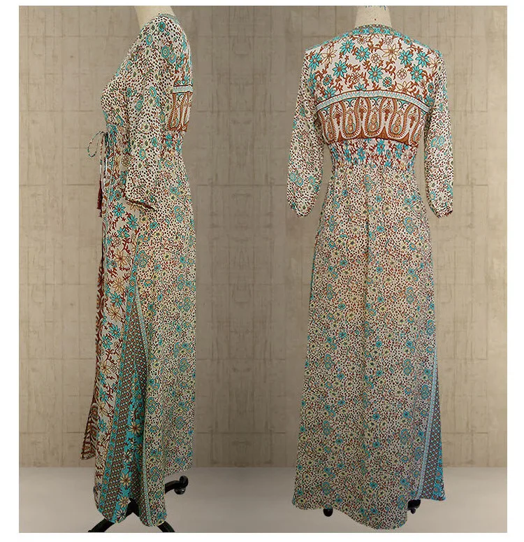 

Ladies Print Cropped Sleeve Waist V-Neck Chiffon Dress