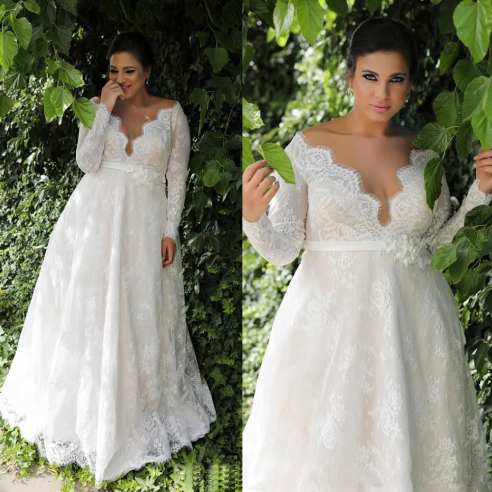 

Кружевное свадебное платье с длинным рукавом, трапециевидного силуэта, на пуговицах, элегантный пояс с цветами, большие размеры