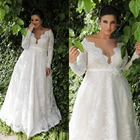 Кружевное свадебное платье с длинным рукавом, трапециевидного силуэта, на пуговицах, элегантный пояс с цветами, большие размеры