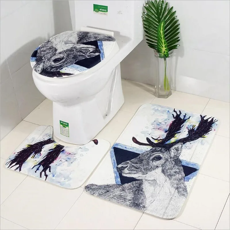 

INS Nordic Style 3 PCS Bathroom Floor Mat Flannel Toilet Pad Set with Moose Printing Pattern Non-Slip Combination Rugs Set