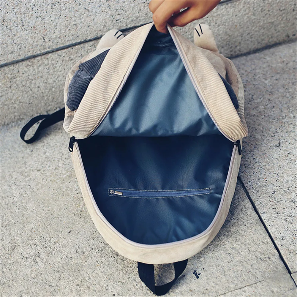 Women Backpack Schoolbag Canvas Cute Dog Fox Ear Embroidery Corduroy Female Vintage Notebook For Girls School | Багаж и сумки