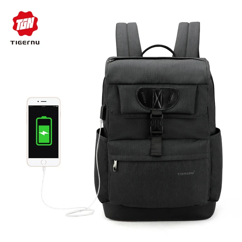 Tigernu Марка моды Тонкий женский USB зарядка Рюкзак мужской 15.6 Ноутбук Рюкзак Школьная Сумка для мальчиков, девочек Рюкзак - Цвет: Black grey