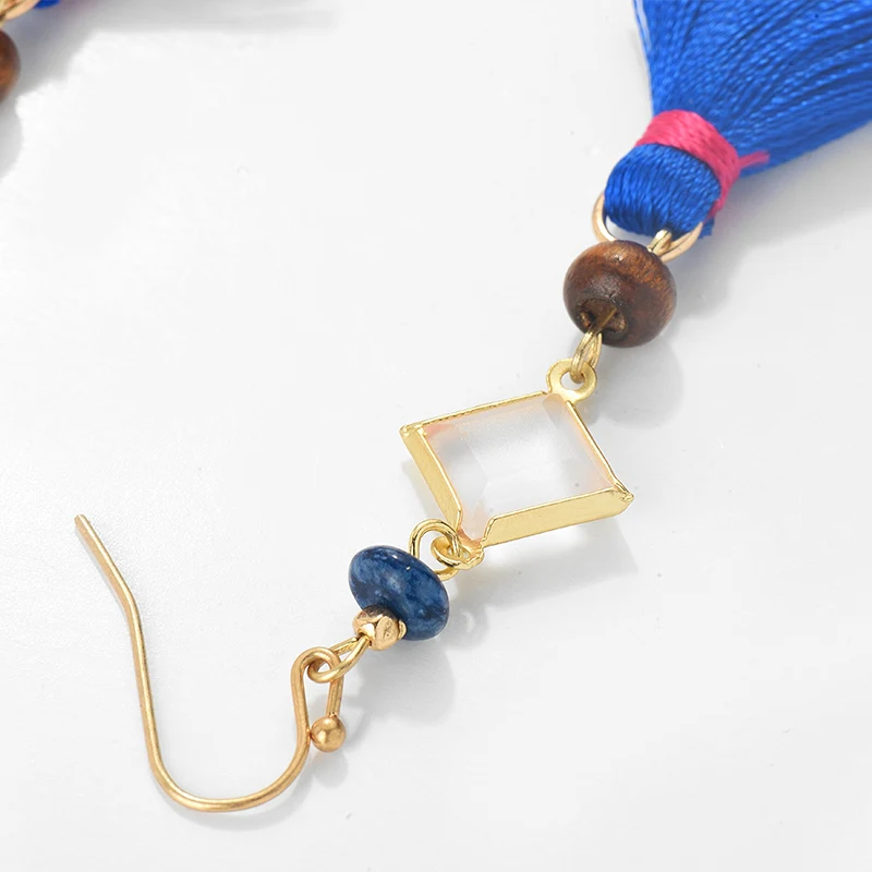 Богемные синие висячие серьги с кисточками для женщин элегантные деревянные