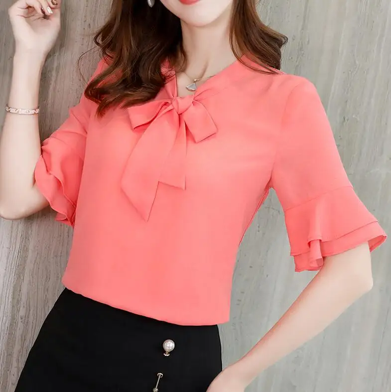 

Women's spring autumn short flare sleeve chiffon shirt female bow collar basic Shirt plus size chiffon tops Blouse TB452