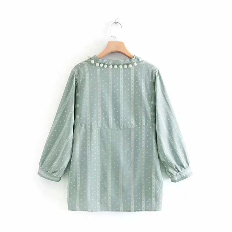 Summer Women Embroidery Shirt V-Neck Blouses Casual Korean Female Long Sleeve Shirts Ladies Tops with Decorative Ball |