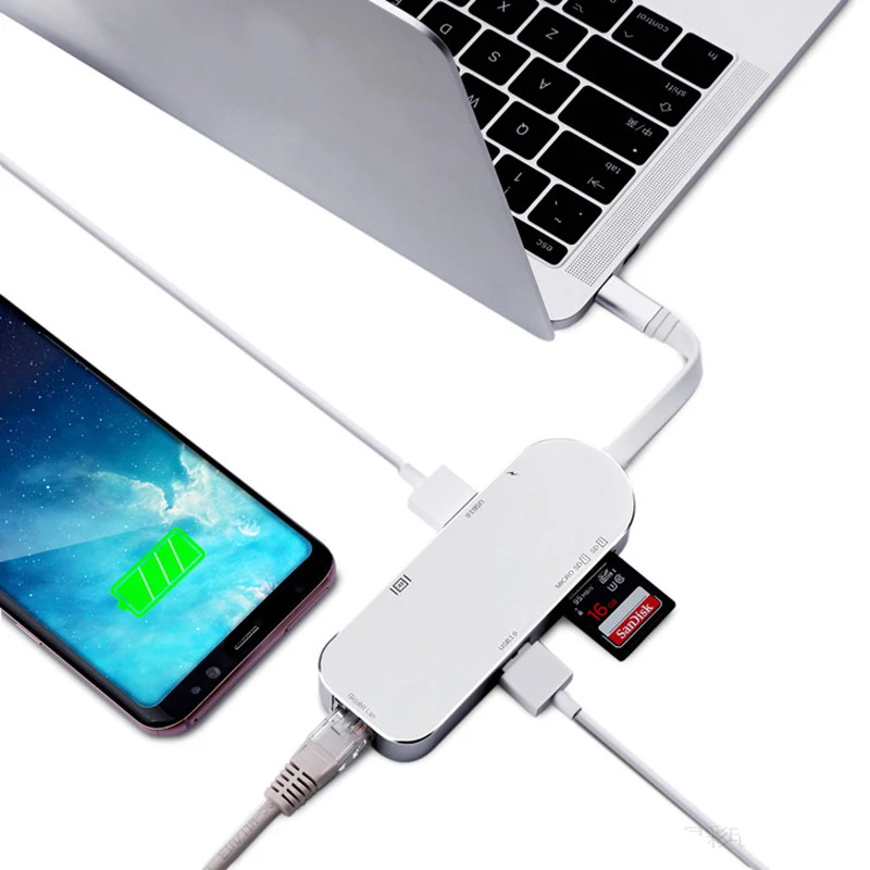 Basix Usb C Hub Type To HDMI 4K Gigabit Ethernet SD/TF Usb3.0 PD зарядный порт для Macbook Pro Hub|USB-хабы| |