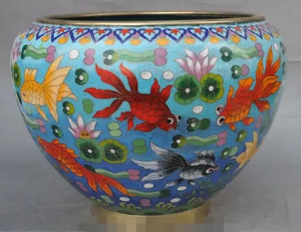 

Free shipping Free shipping S02067 10"China Palace bronze Cloisonne goldfish Fish lotus flower Tanks pot Jar Crock