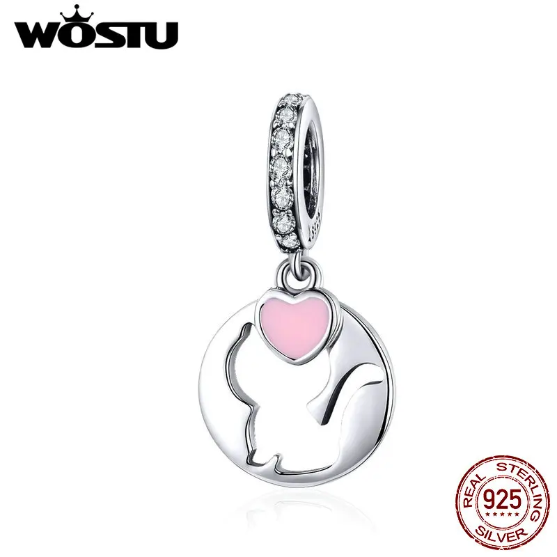 WOSTU подвески в виде животных, кошек, 925 пробы, серебряное, розовое сердце, бисер, подходит для женщин, браслет, Подвески для изготовления ювелирных изделий, FIC1140