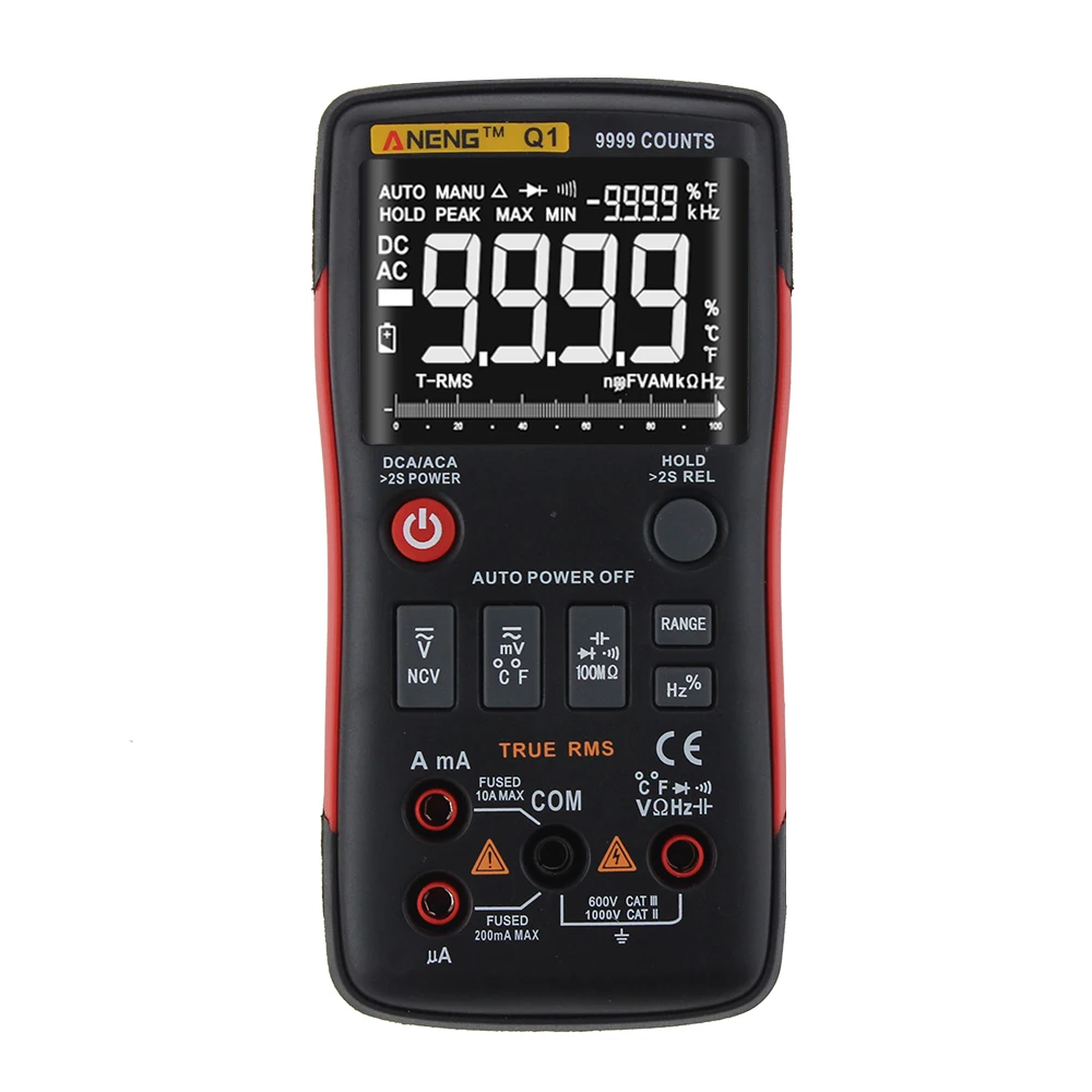 Q1 True-RMS Digital Multimeter Auto Button 9999 Counts With Analog Bar Graph AC/DC Voltage Ammeter Current Ohm Transistor Tester