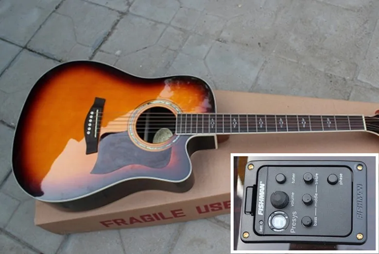 add Fishman 101 Заводская Заказная 4" cutaway Акустическая гитара" Sunburst "с твердой верхней кленовой задней стороной может добавить Fishman pickup - Цвет: add Fishman 101