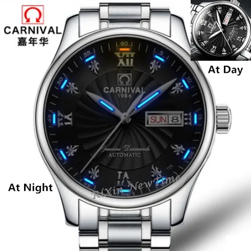 T25Carnival роскошный бренд Тритий светильник мужские часы Механические двойной Календарь Дата Тритий Светящиеся часы miyota Часы montre - Цвет: Blue C5183 black S