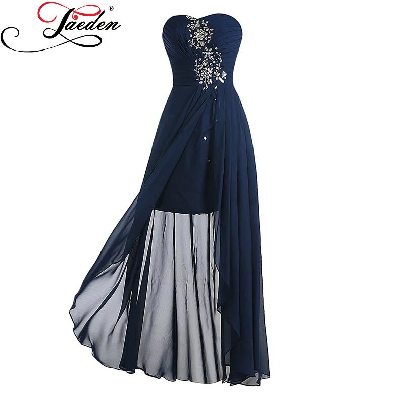 JAEDEN Dark Navy High-low Evening Dresses Beading Crystals Sexy Side Slit Chiffon Sleevelesess 2017 Sweetheart Neck Party Gowns | Свадьбы и